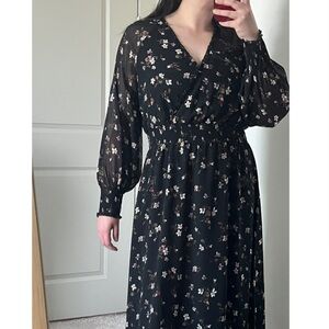 Long Puff Sleeve Black Madewell Dress with Floral Print Detailing